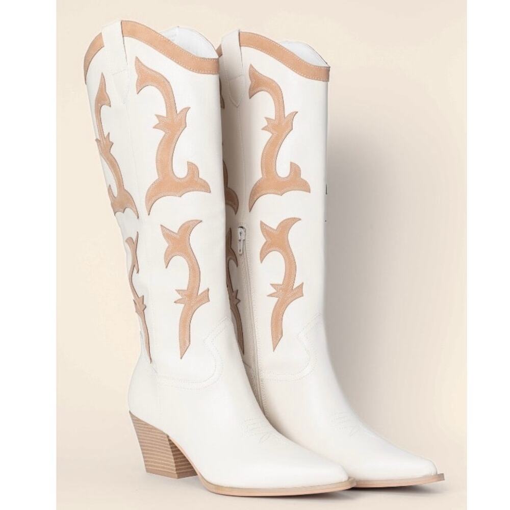 NEW Oasis Society Adriana Beige Western Cowboy Tall Boots Faux Leather SZ 7.5